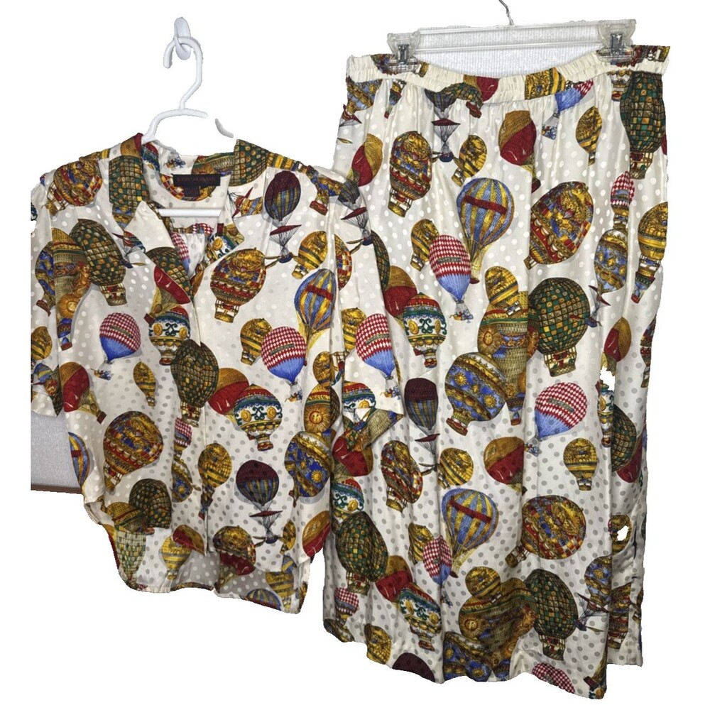 Vtg Jerri Sherman 100% Silk 2 Pc Top Skirt Set Womens 14 Hot Air Balloon Print